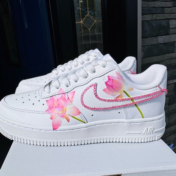 Custom Nike Air Force 1 – Pink Lotus & Rhinestones – Any Size - Picture 1 of 5